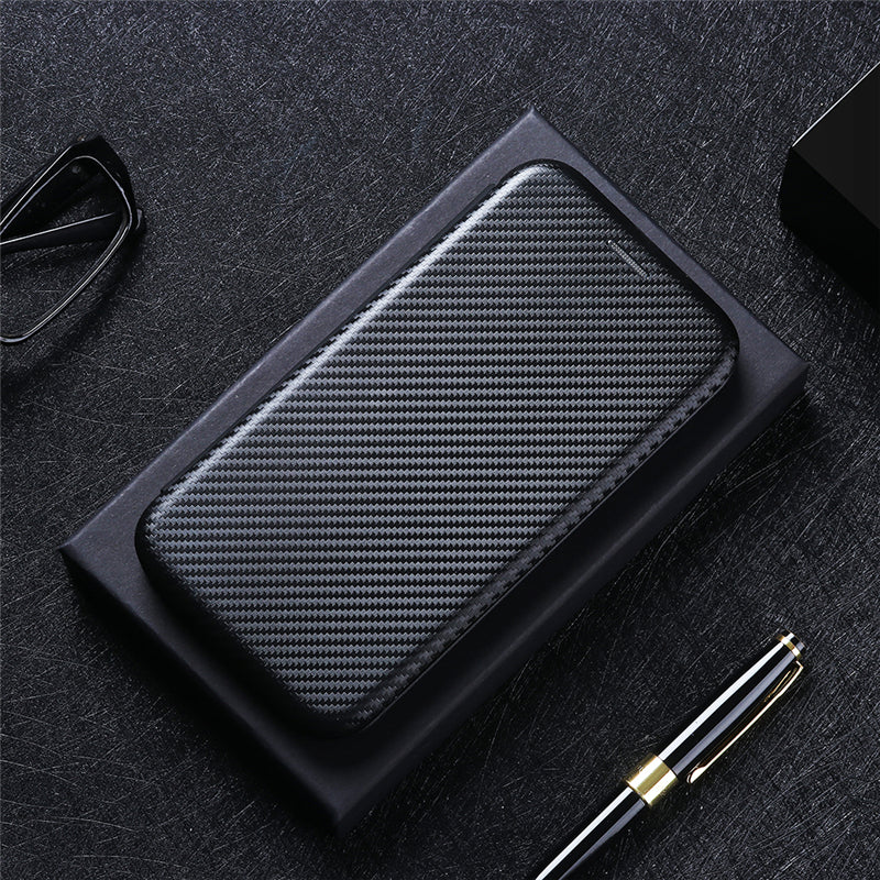 For Galaxy Z Fold3 5G Leather Phone Case Carbon Fiber Absorption Magnetic Closure with Card Slot and Ring Strap