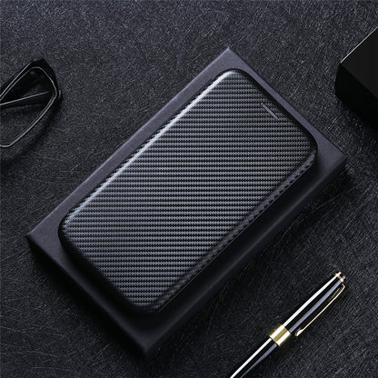 For Galaxy Z Fold3 5G Leather Phone Case Carbon Fiber Absorption Magnetic Closure with Card Slot and Ring Strap