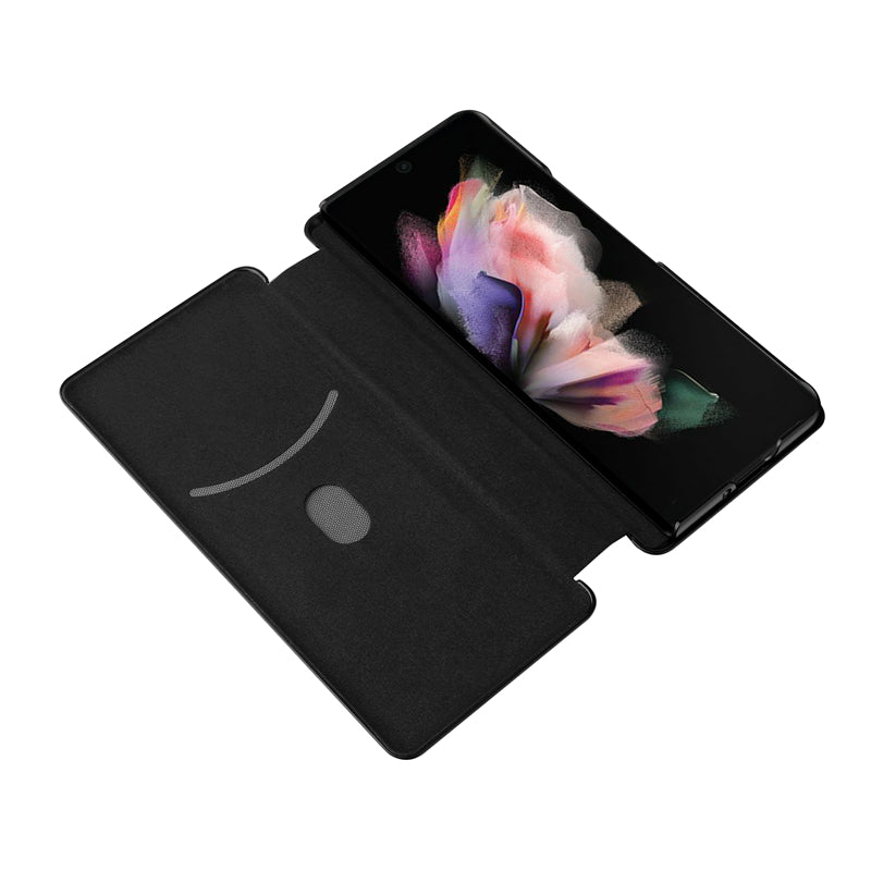For Galaxy Z Fold3 5G Leather Phone Case Carbon Fiber Absorption Magnetic Closure with Card Slot and Ring Strap