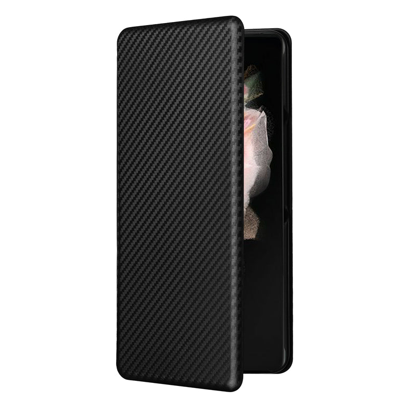 For Galaxy Z Fold3 5G Leather Phone Case Carbon Fiber Absorption Magnetic Closure with Card Slot and Ring Strap
