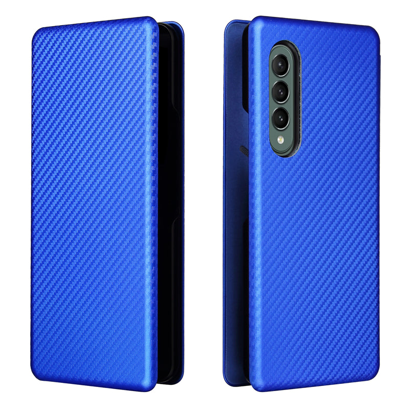 For Galaxy Z Fold3 5G Leather Phone Case Carbon Fiber Absorption Magnetic Closure with Card Slot and Ring Strap