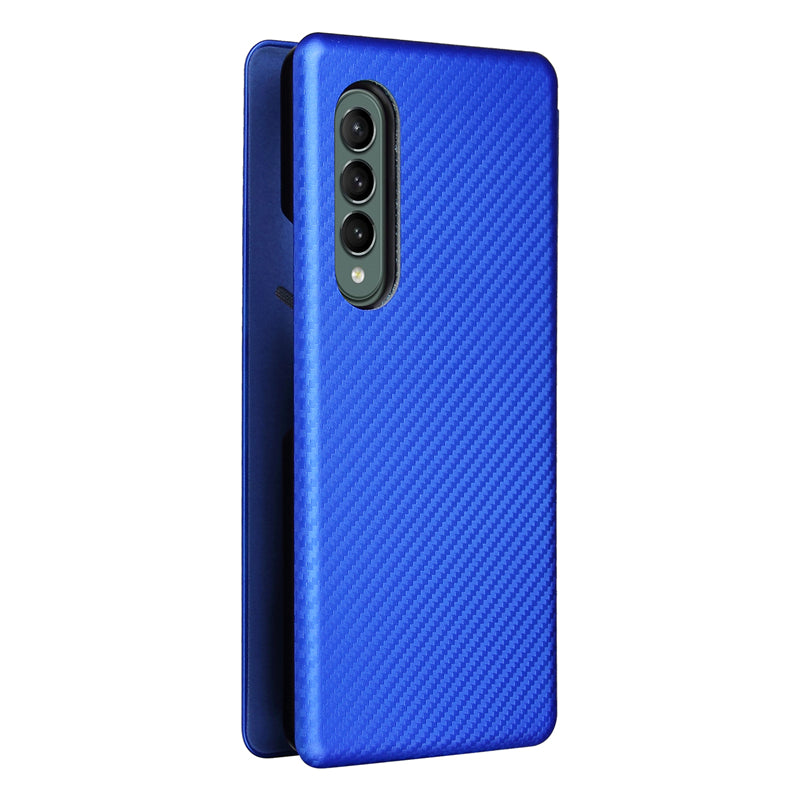 For Galaxy Z Fold3 5G Leather Phone Case Carbon Fiber Absorption Magnetic Closure with Card Slot and Ring Strap