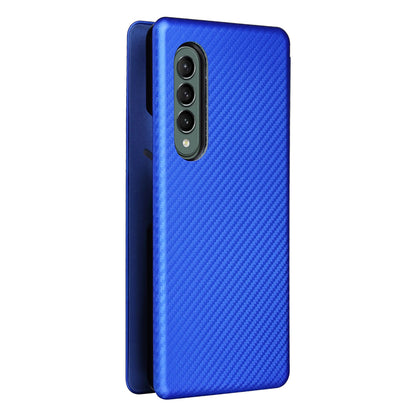 For Galaxy Z Fold3 5G Leather Phone Case Carbon Fiber Absorption Magnetic Closure with Card Slot and Ring Strap