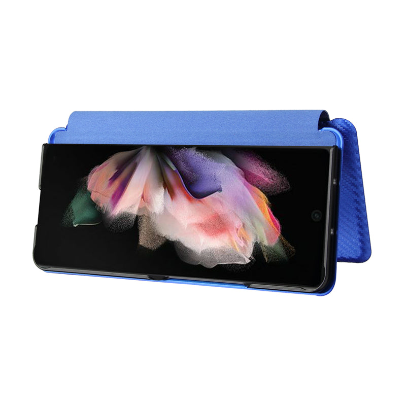 For Galaxy Z Fold3 5G Leather Phone Case Carbon Fiber Absorption Magnetic Closure with Card Slot and Ring Strap