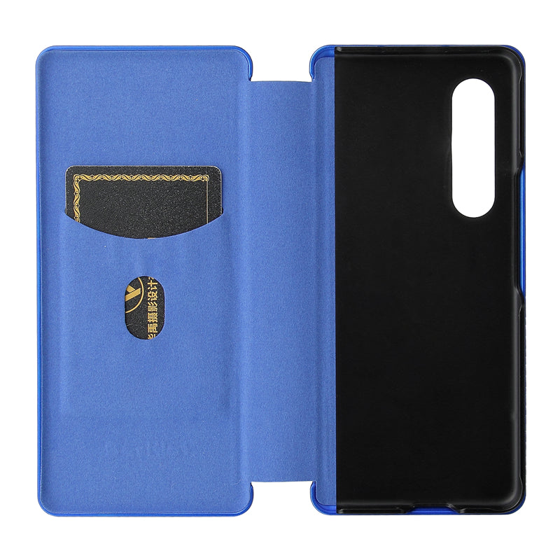 For Galaxy Z Fold3 5G Leather Phone Case Carbon Fiber Absorption Magnetic Closure with Card Slot and Ring Strap