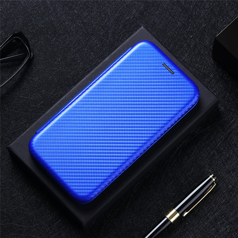 For Galaxy Z Fold3 5G Leather Phone Case Carbon Fiber Absorption Magnetic Closure with Card Slot and Ring Strap