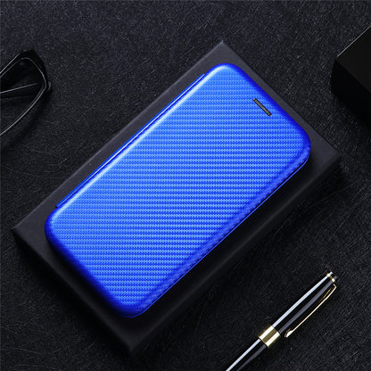 For Galaxy Z Fold3 5G Leather Phone Case Carbon Fiber Absorption Magnetic Closure with Card Slot and Ring Strap