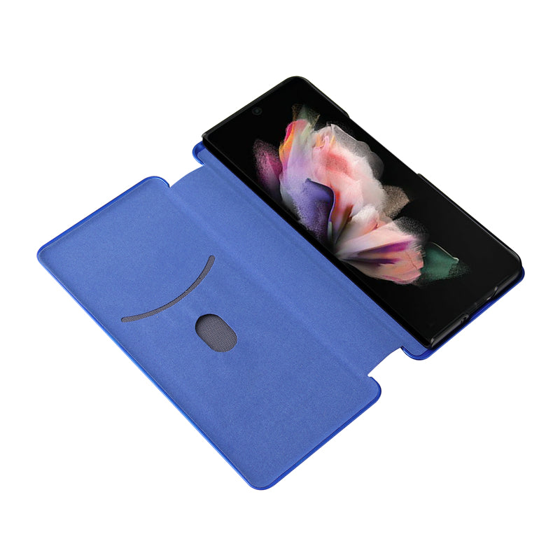 For Galaxy Z Fold3 5G Leather Phone Case Carbon Fiber Absorption Magnetic Closure with Card Slot and Ring Strap