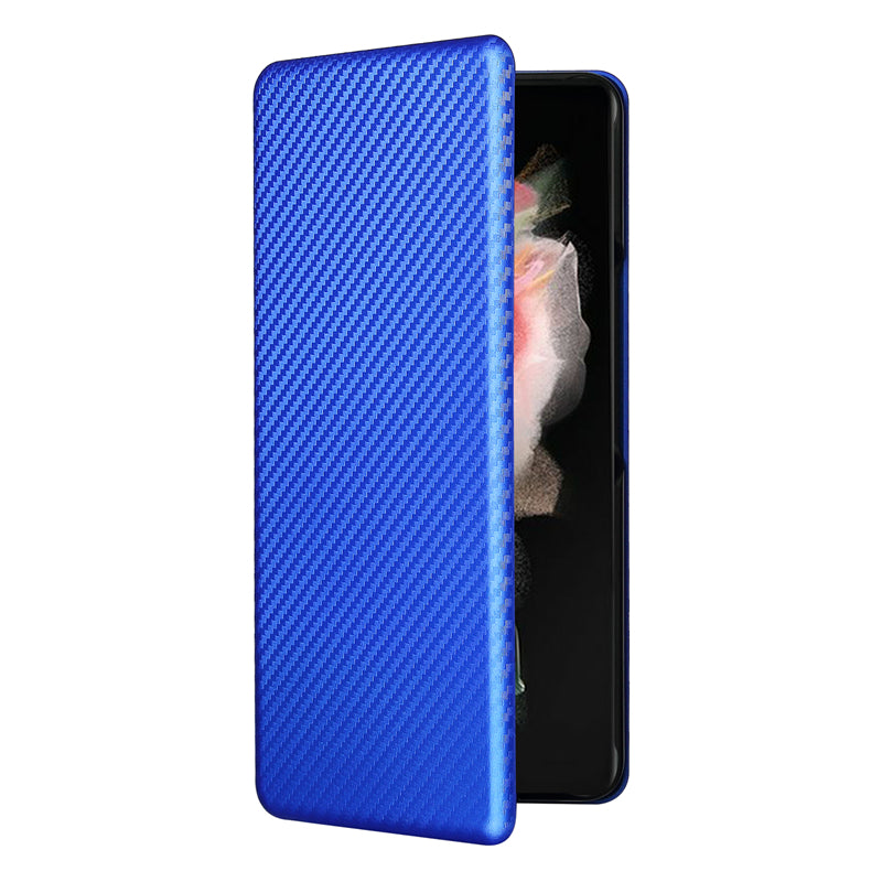 For Galaxy Z Fold3 5G Leather Phone Case Carbon Fiber Absorption Magnetic Closure with Card Slot and Ring Strap
