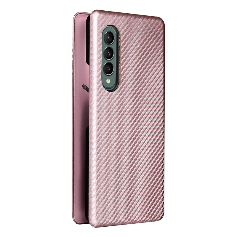 For Galaxy Z Fold3 5G Leather Phone Case Carbon Fiber Absorption Magnetic Closure with Card Slot and Ring Strap