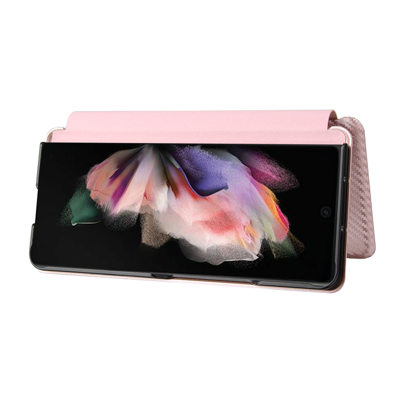 For Galaxy Z Fold3 5G Leather Phone Case Carbon Fiber Absorption Magnetic Closure with Card Slot and Ring Strap