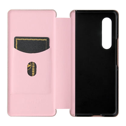 For Galaxy Z Fold3 5G Leather Phone Case Carbon Fiber Absorption Magnetic Closure with Card Slot and Ring Strap