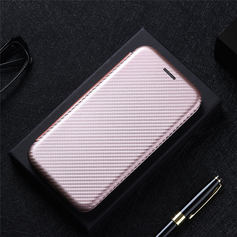For Galaxy Z Fold3 5G Leather Phone Case Carbon Fiber Absorption Magnetic Closure with Card Slot and Ring Strap