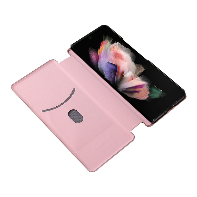 For Galaxy Z Fold3 5G Leather Phone Case Carbon Fiber Absorption Magnetic Closure with Card Slot and Ring Strap
