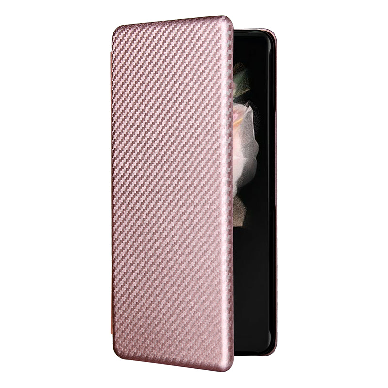 For Galaxy Z Fold3 5G Leather Phone Case Carbon Fiber Absorption Magnetic Closure with Card Slot and Ring Strap
