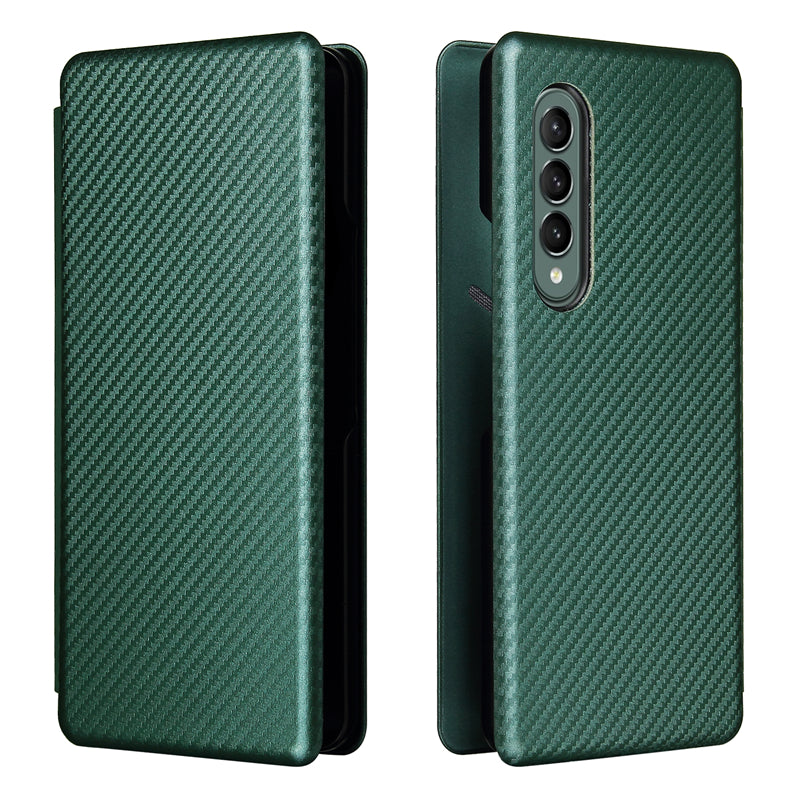 For Galaxy Z Fold3 5G Leather Phone Case Carbon Fiber Absorption Magnetic Closure with Card Slot and Ring Strap