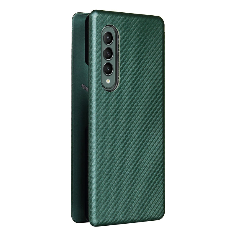 For Galaxy Z Fold3 5G Leather Phone Case Carbon Fiber Absorption Magnetic Closure with Card Slot and Ring Strap