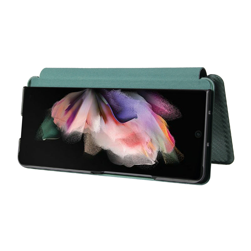 For Galaxy Z Fold3 5G Leather Phone Case Carbon Fiber Absorption Magnetic Closure with Card Slot and Ring Strap