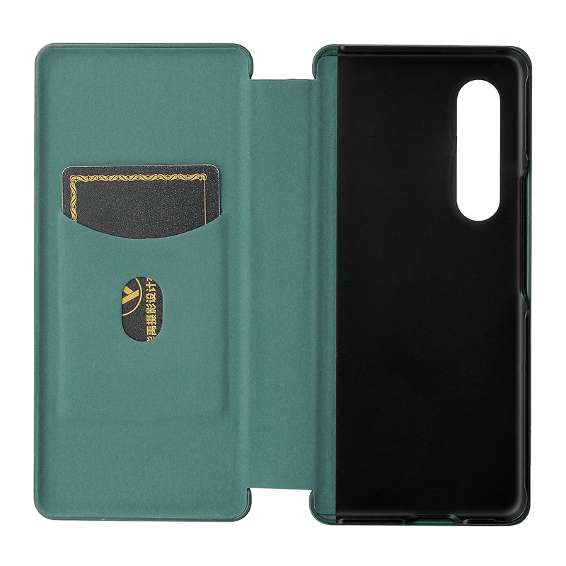 For Galaxy Z Fold3 5G Leather Phone Case Carbon Fiber Absorption Magnetic Closure with Card Slot and Ring Strap