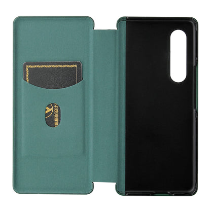 For Galaxy Z Fold3 5G Leather Phone Case Carbon Fiber Absorption Magnetic Closure with Card Slot and Ring Strap