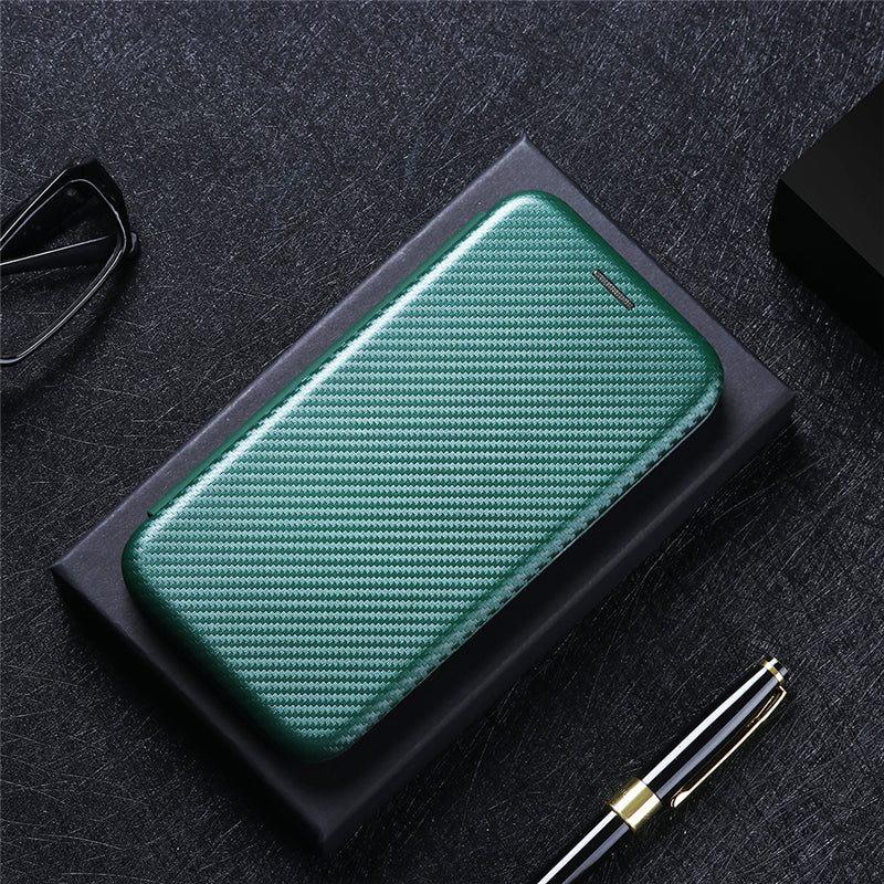 For Galaxy Z Fold3 5G Leather Phone Case Carbon Fiber Absorption Magnetic Closure with Card Slot and Ring Strap