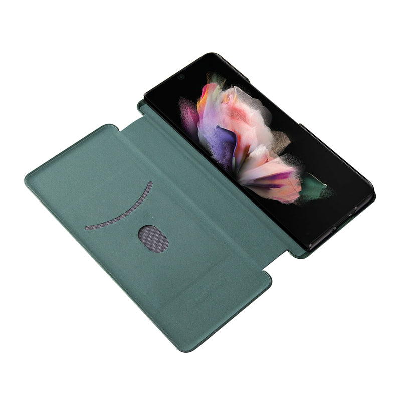 For Galaxy Z Fold3 5G Leather Phone Case Carbon Fiber Absorption Magnetic Closure with Card Slot and Ring Strap