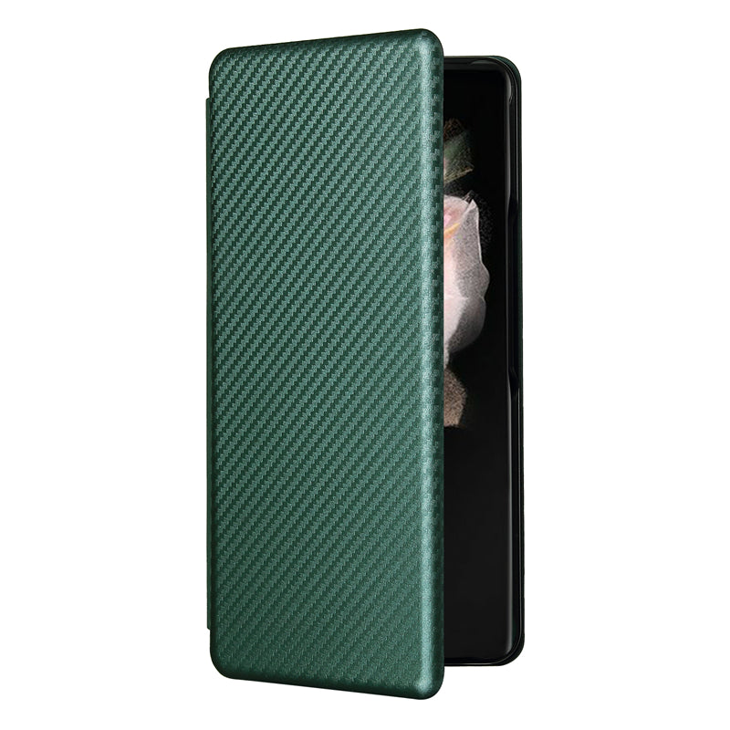 For Galaxy Z Fold3 5G Leather Phone Case Carbon Fiber Absorption Magnetic Closure with Card Slot and Ring Strap
