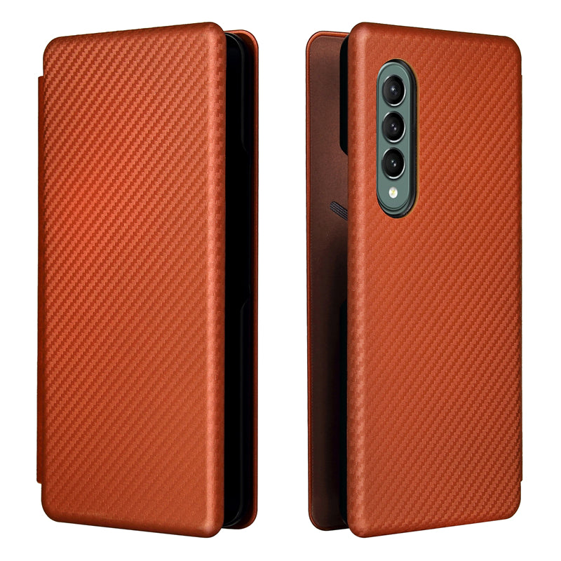 For Galaxy Z Fold3 5G Leather Phone Case Carbon Fiber Absorption Magnetic Closure with Card Slot and Ring Strap