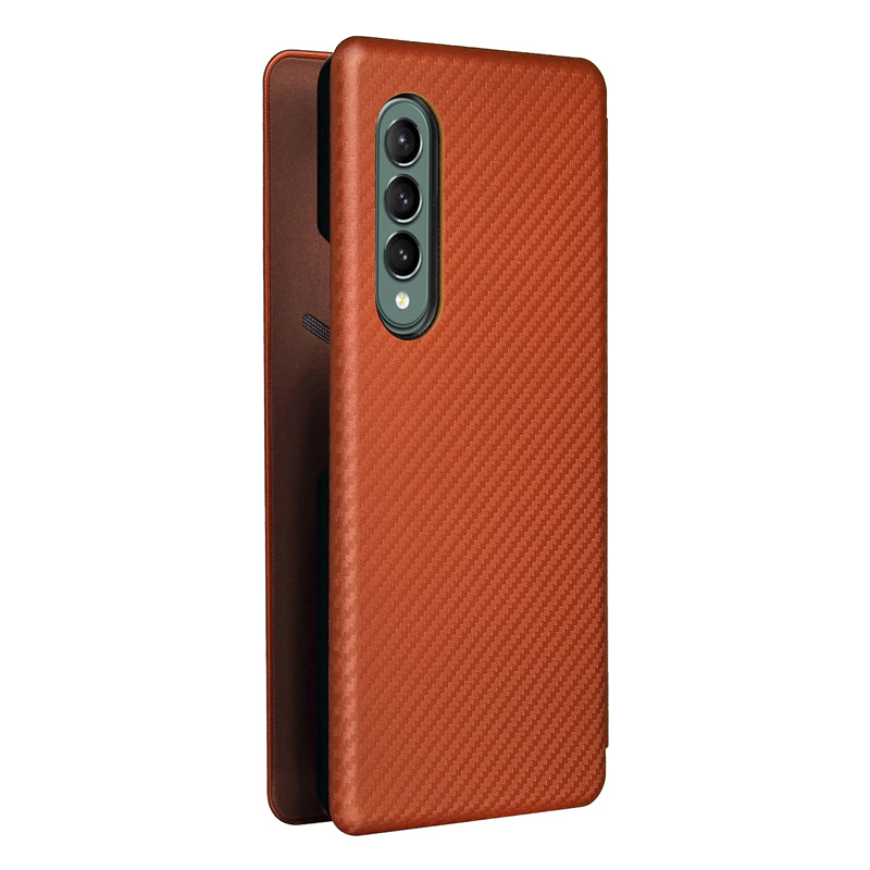 For Galaxy Z Fold3 5G Leather Phone Case Carbon Fiber Absorption Magnetic Closure with Card Slot and Ring Strap