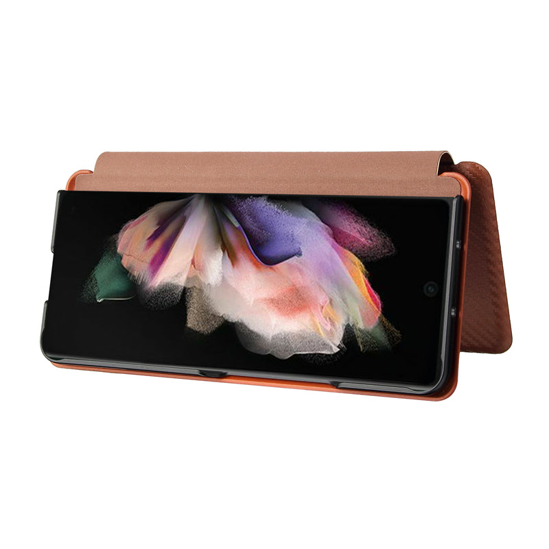 For Galaxy Z Fold3 5G Leather Phone Case Carbon Fiber Absorption Magnetic Closure with Card Slot and Ring Strap