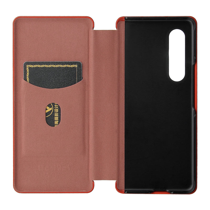 For Galaxy Z Fold3 5G Leather Phone Case Carbon Fiber Absorption Magnetic Closure with Card Slot and Ring Strap