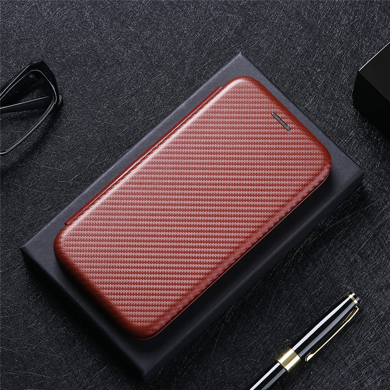 For Galaxy Z Fold3 5G Leather Phone Case Carbon Fiber Absorption Magnetic Closure with Card Slot and Ring Strap