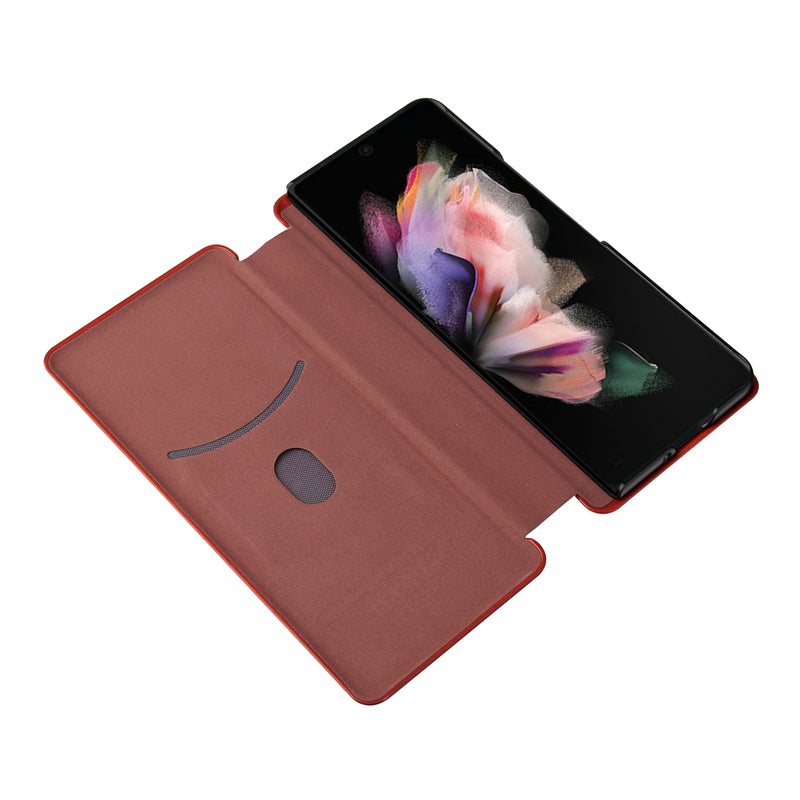 For Galaxy Z Fold3 5G Leather Phone Case Carbon Fiber Absorption Magnetic Closure with Card Slot and Ring Strap