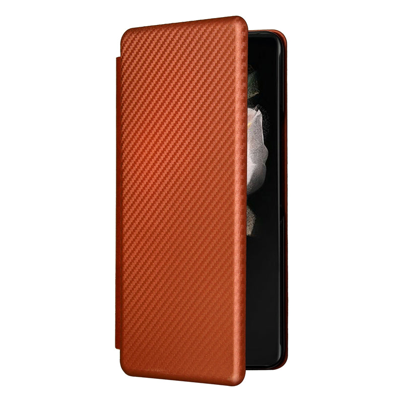 For Galaxy Z Fold3 5G Leather Phone Case Carbon Fiber Absorption Magnetic Closure with Card Slot and Ring Strap