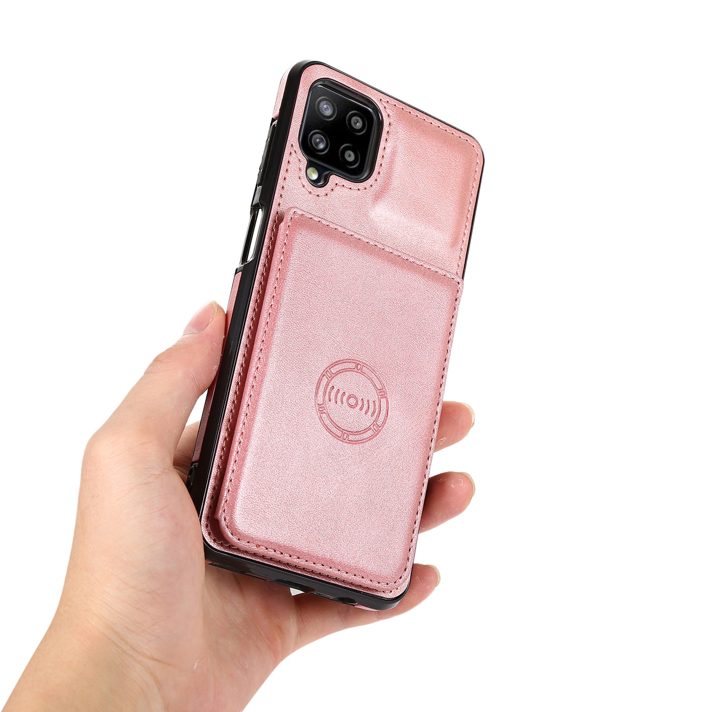 [Built-in Magnetic Metal Sheet] Protective Card Holders PU Leather PC TPU Hybrid Phone Case with Kickstand for Samsung Galaxy A12