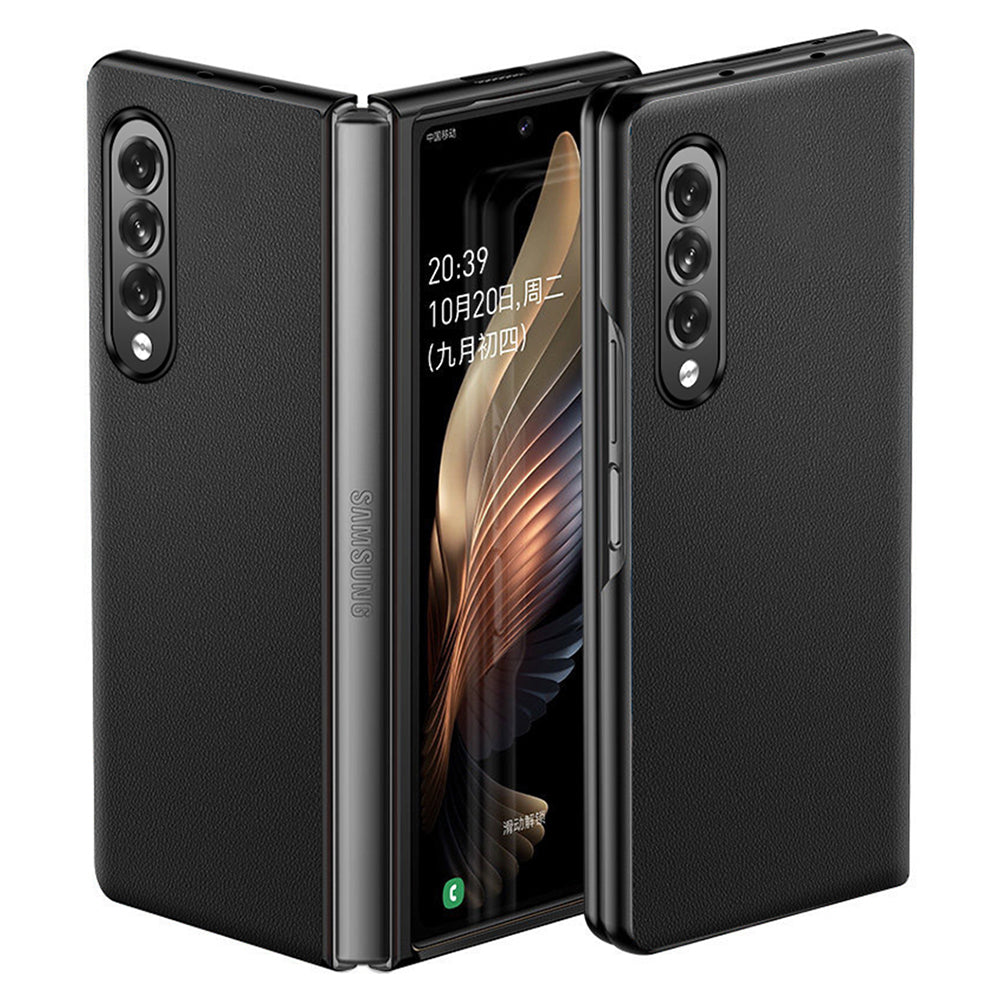 Drop-proof Plain Texture Genuine Leather PC Cell Phone Cover Case Shell for Samsung Galaxy Z Fold3 5G