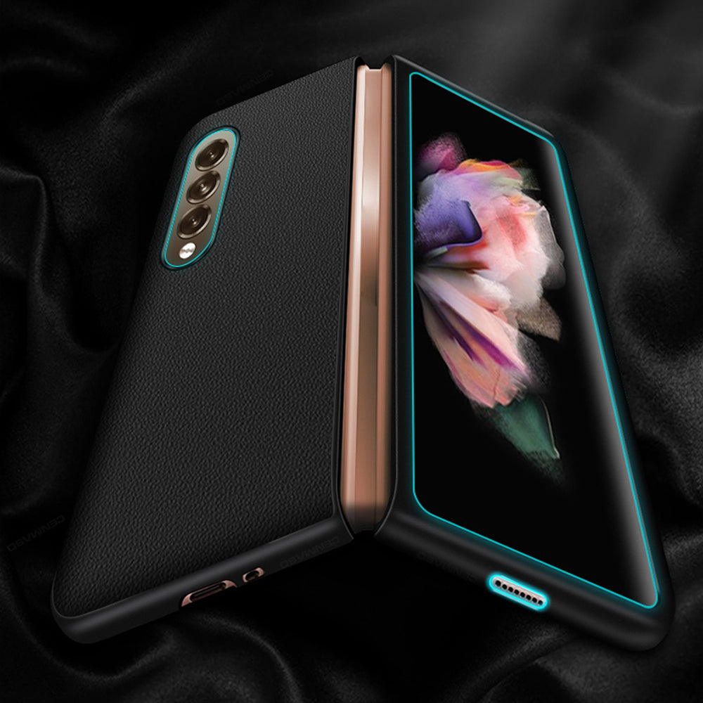 Drop-proof Plain Texture Genuine Leather PC Cell Phone Cover Case Shell for Samsung Galaxy Z Fold3 5G