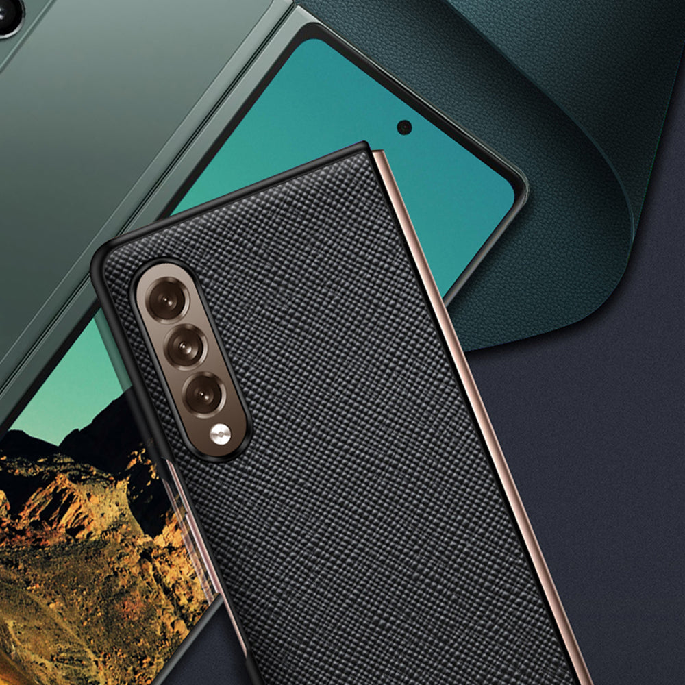 Cross Texture Shockproof Genuine Leather+PC Case Mobile Phone Cover Shell for Samsung Galaxy Z Fold3 5G