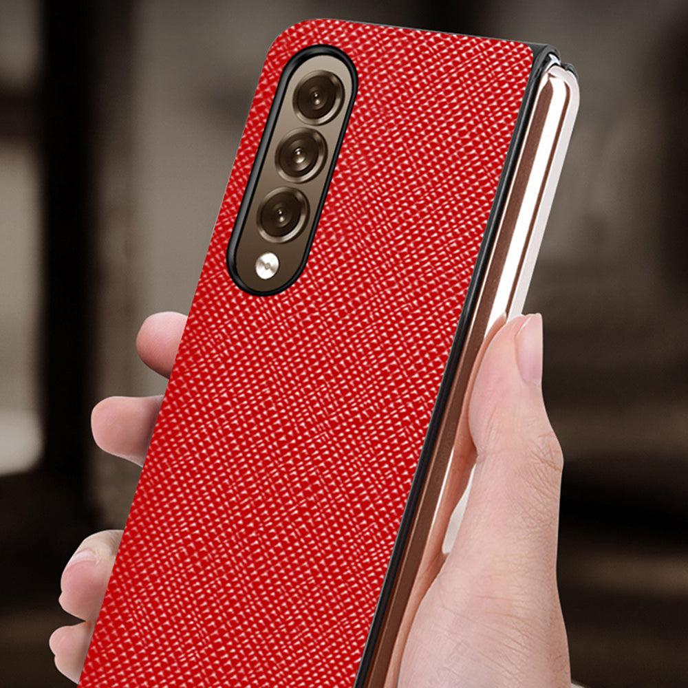 Cross Texture Shockproof Genuine Leather+PC Case Mobile Phone Cover Shell for Samsung Galaxy Z Fold3 5G