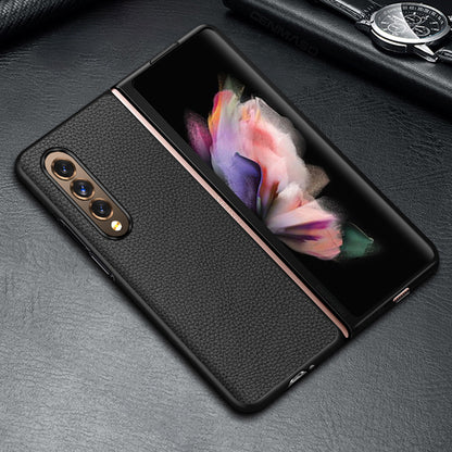 Litchi Texture Genuine Leather Cell Phone Case Cover Shell Protector for Samsung Galaxy Z Fold3 5G