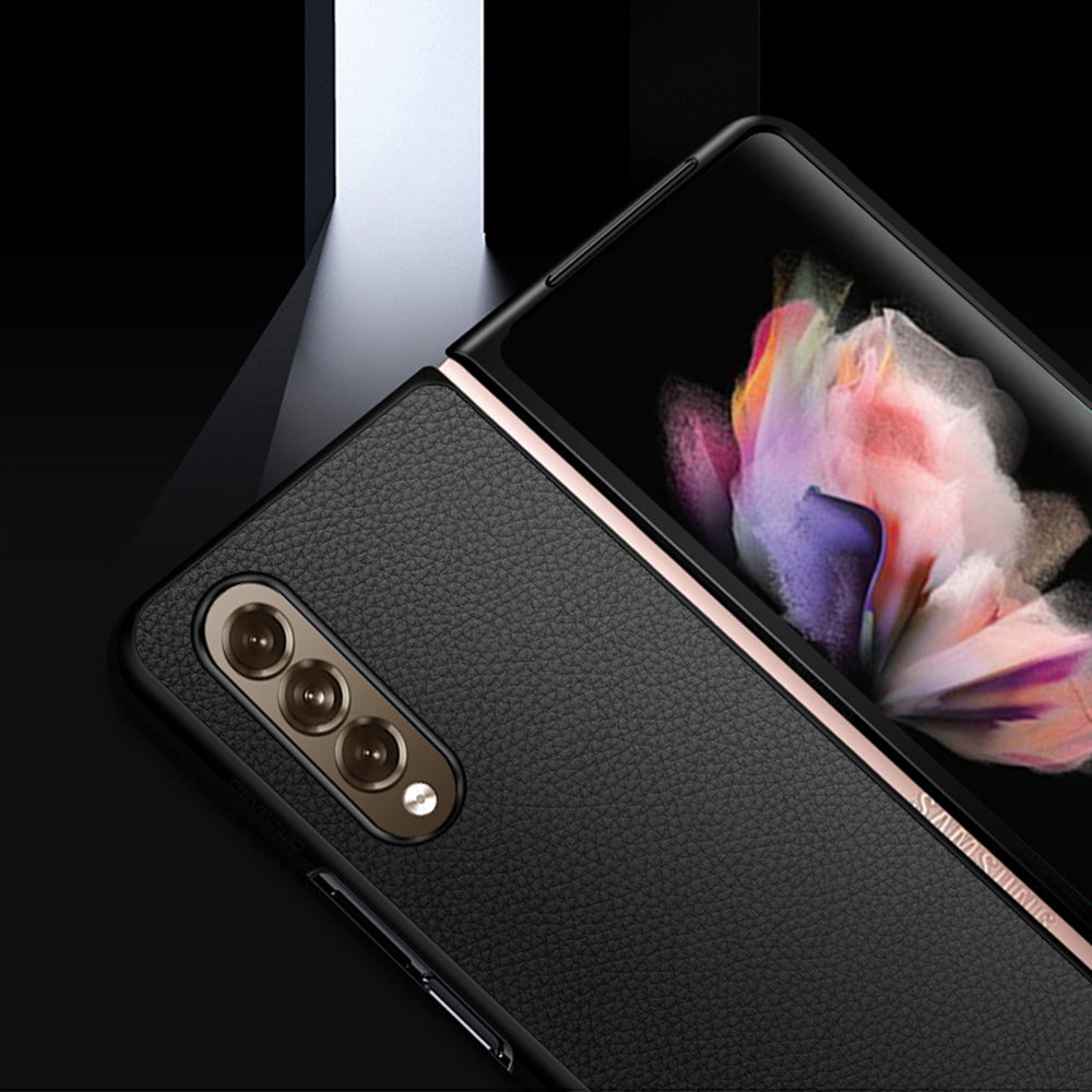 Litchi Texture Genuine Leather Cell Phone Case Cover Shell Protector for Samsung Galaxy Z Fold3 5G