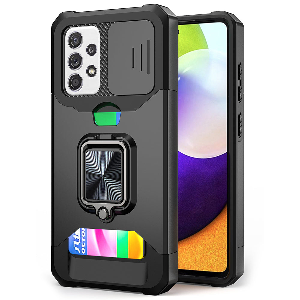 All-Inclusive Hybrid Phone Case Cover Shell with Camera Slider + Back Card Holder + Built-in Metal Sheet for Samsung Galaxy A52 4G/5G/A52s 5G