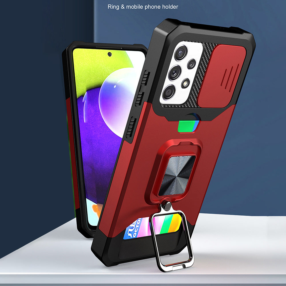 All-Inclusive Hybrid Phone Case Cover Shell with Camera Slider + Back Card Holder + Built-in Metal Sheet for Samsung Galaxy A52 4G/5G/A52s 5G