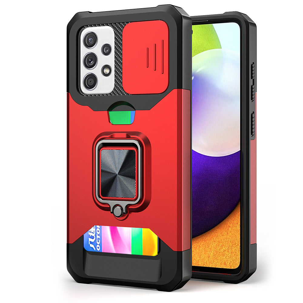 All-Inclusive Hybrid Phone Case Cover Shell with Camera Slider + Back Card Holder + Built-in Metal Sheet for Samsung Galaxy A52 4G/5G/A52s 5G