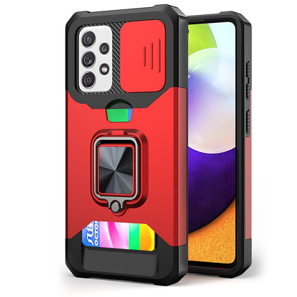All-Inclusive Hybrid Phone Case Cover Shell with Camera Slider + Back Card Holder + Built-in Metal Sheet for Samsung Galaxy A52 4G/5G/A52s 5G