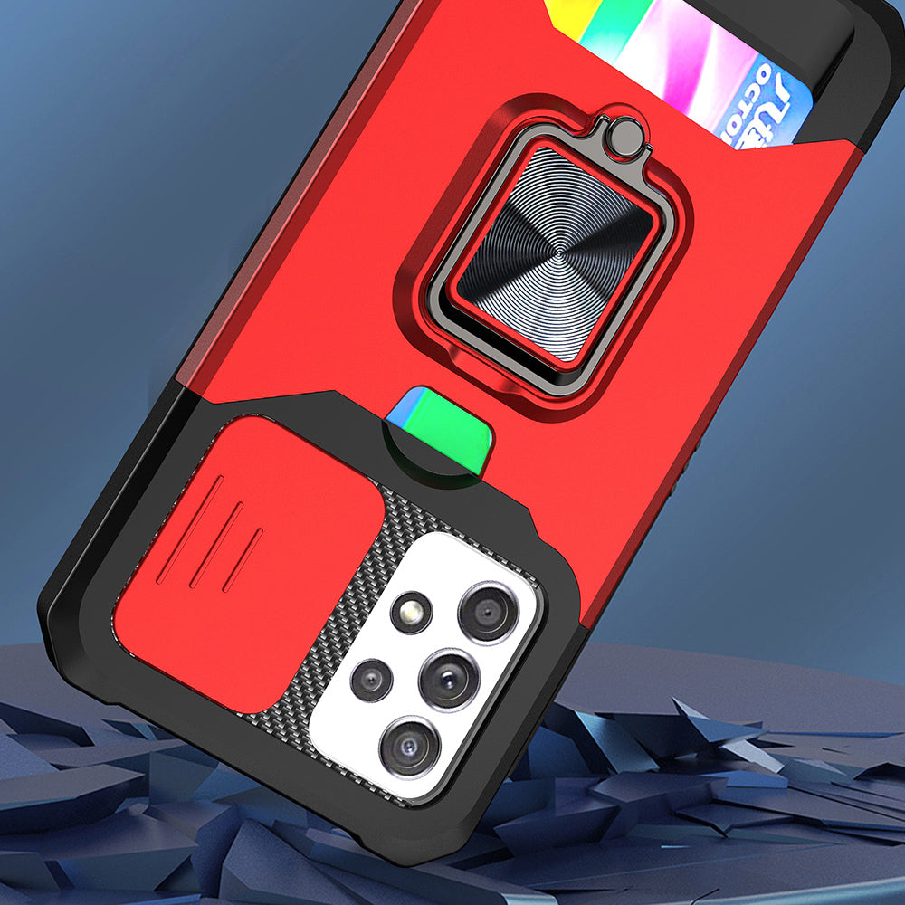All-Inclusive Hybrid Phone Case Cover Shell with Camera Slider + Back Card Holder + Built-in Metal Sheet for Samsung Galaxy A52 4G/5G/A52s 5G