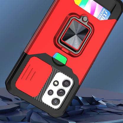 All-Inclusive Hybrid Phone Case Cover Shell with Camera Slider + Back Card Holder + Built-in Metal Sheet for Samsung Galaxy A52 4G/5G/A52s 5G