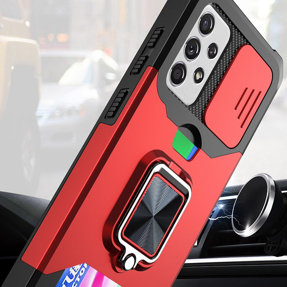 All-Inclusive Hybrid Phone Case Cover Shell with Camera Slider + Back Card Holder + Built-in Metal Sheet for Samsung Galaxy A52 4G/5G/A52s 5G