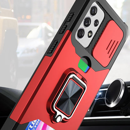 All-Inclusive Hybrid Phone Case Cover Shell with Camera Slider + Back Card Holder + Built-in Metal Sheet for Samsung Galaxy A52 4G/5G/A52s 5G