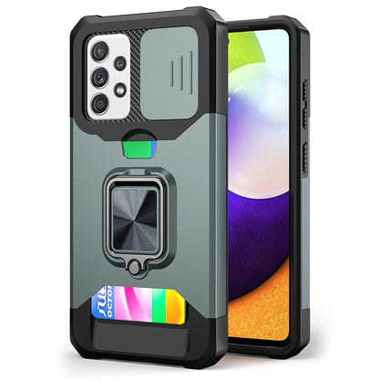 All-Inclusive Hybrid Phone Case Cover Shell with Camera Slider + Back Card Holder + Built-in Metal Sheet for Samsung Galaxy A52 4G/5G/A52s 5G